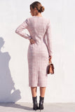 Apricot Tweed V-Neck Bodycon Midi Work Dress with Slit
