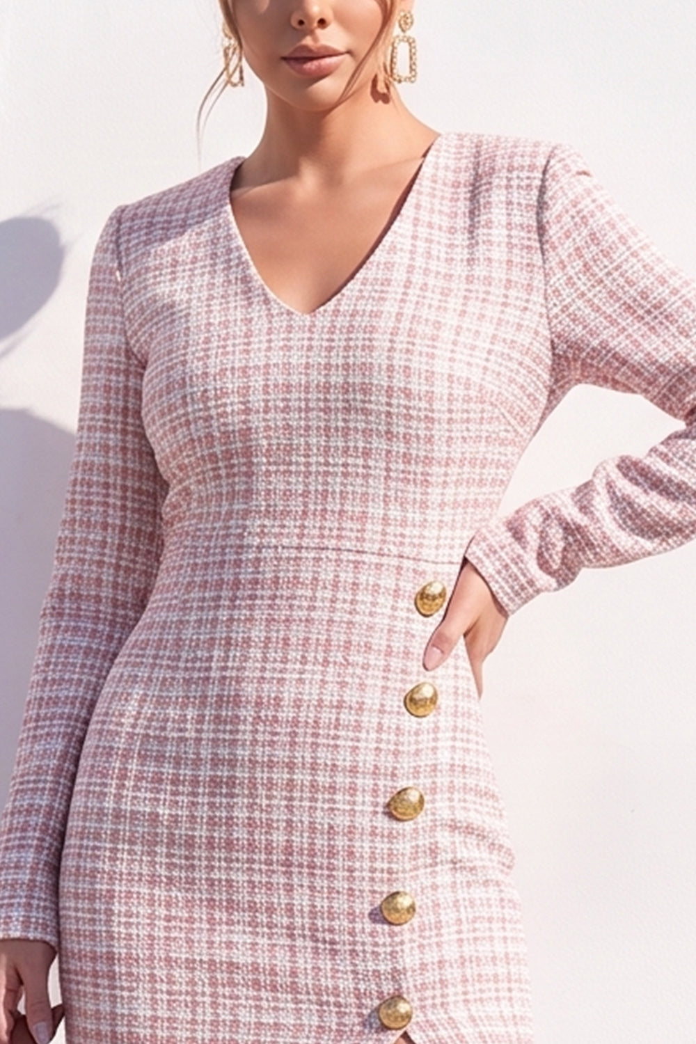 Apricot Tweed V-Neck Bodycon Midi Work Dress with Slit