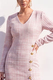 Apricot Tweed V-Neck Bodycon Midi Work Dress with Slit