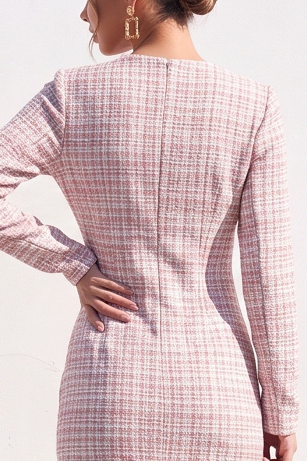Apricot Tweed V-Neck Bodycon Midi Work Dress with Slit