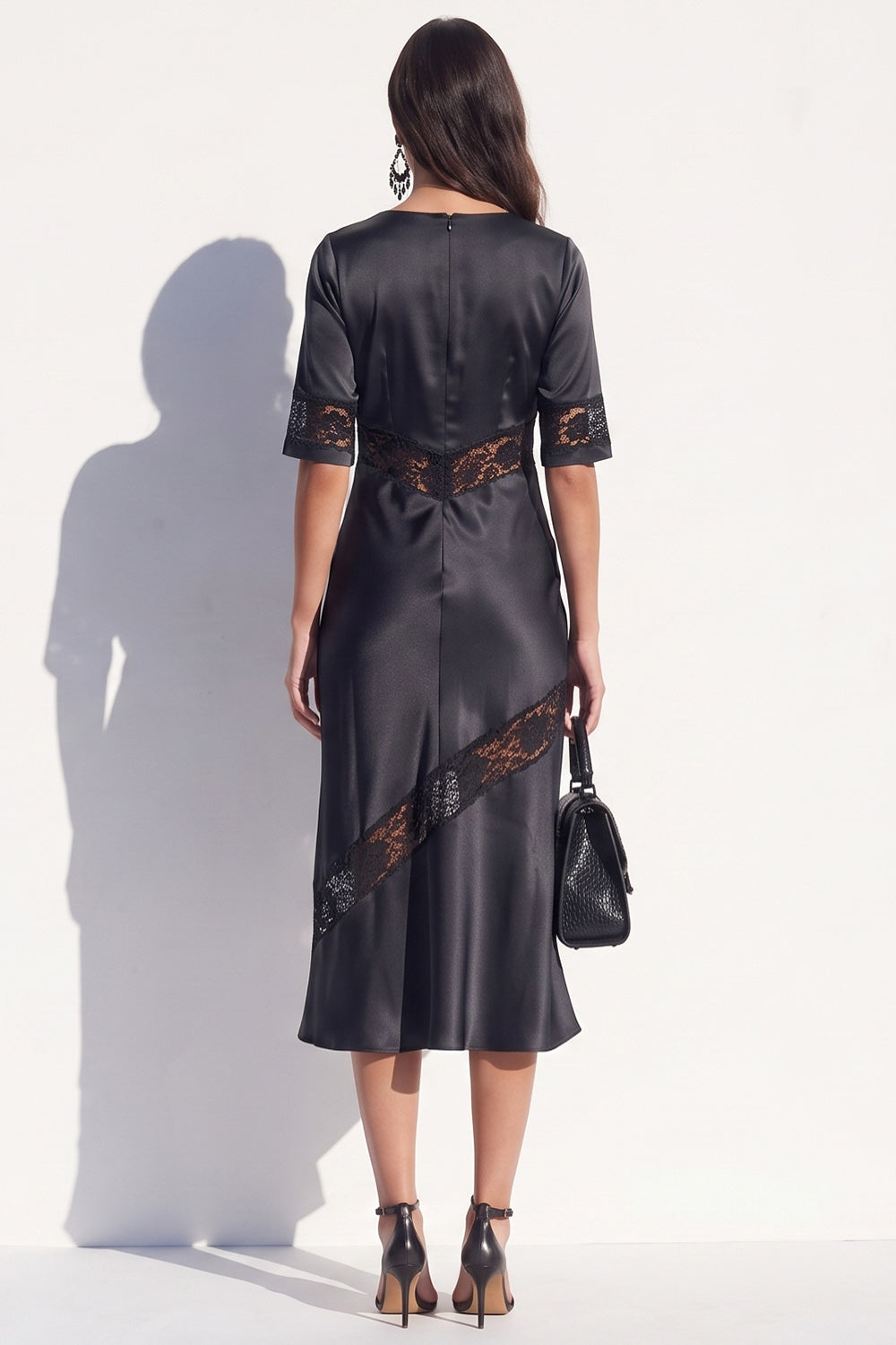 Black Bodycon V-Neck Satin Half Sleeves Midi Work Dress with Lace