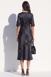 Black Bodycon V-Neck Satin Half Sleeves Midi Work Dress with Lace