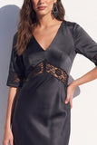 Black Bodycon V-Neck Satin Half Sleeves Midi Work Dress with Lace