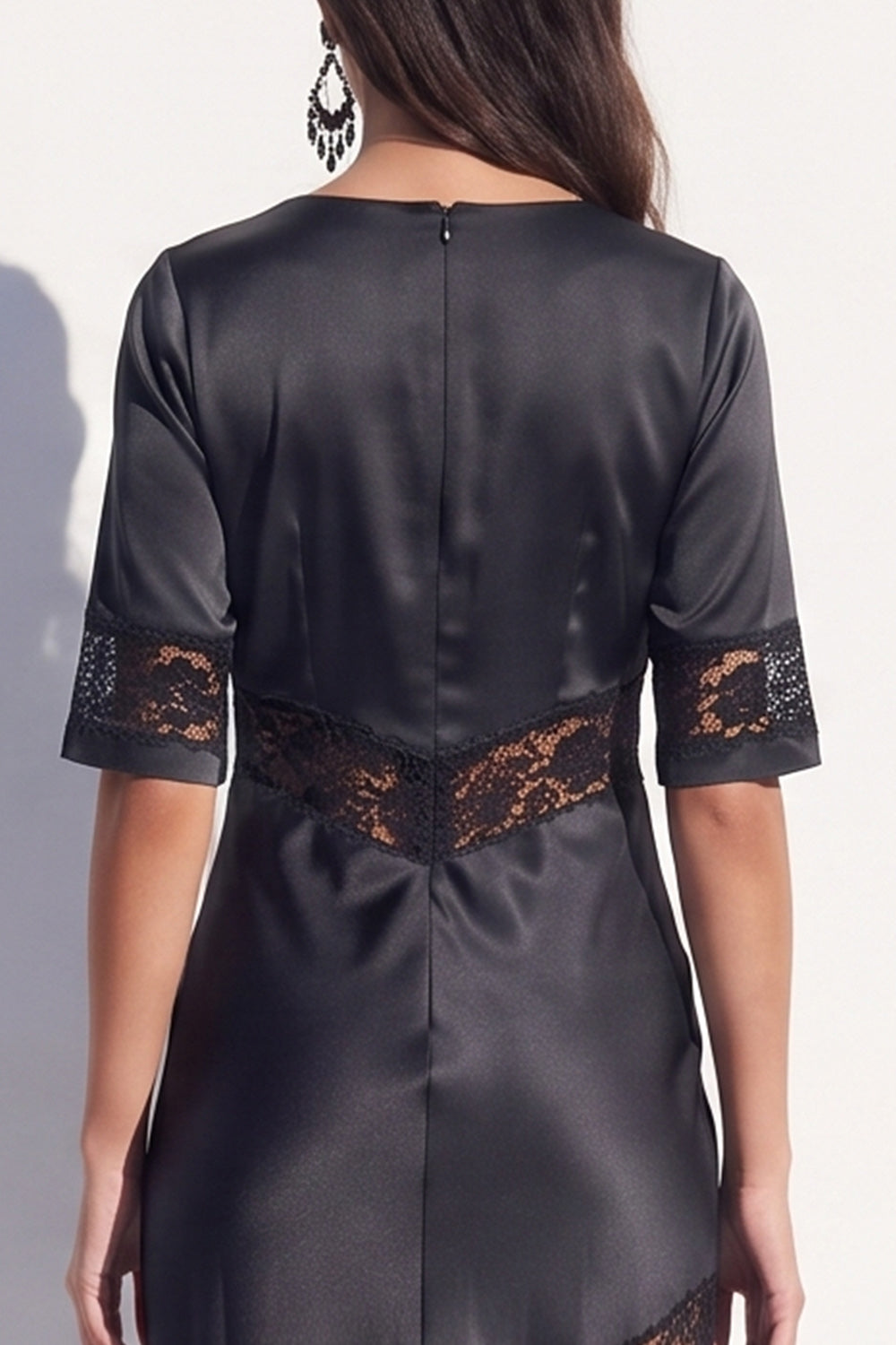 Black Bodycon V-Neck Satin Half Sleeves Midi Work Dress with Lace