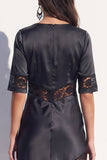 Black Bodycon V-Neck Satin Half Sleeves Midi Work Dress with Lace