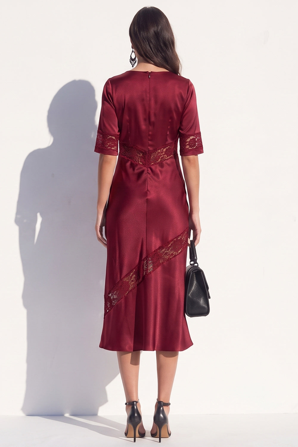 Black Bodycon V-Neck Satin Half Sleeves Midi Work Dress with Lace