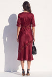 Black Bodycon V-Neck Satin Half Sleeves Midi Work Dress with Lace