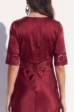 Black Bodycon V-Neck Satin Half Sleeves Midi Work Dress with Lace