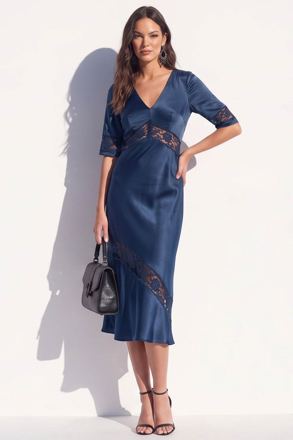 Black Bodycon V-Neck Satin Half Sleeves Midi Work Dress with Lace