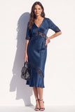 Black Bodycon V-Neck Satin Half Sleeves Midi Work Dress with Lace
