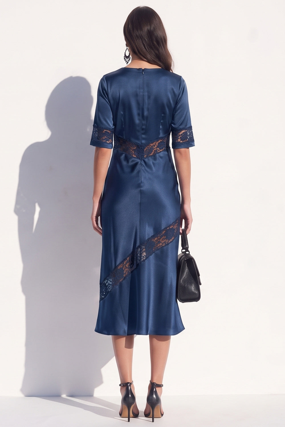 Black Bodycon V-Neck Satin Half Sleeves Midi Work Dress with Lace