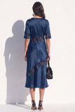 Black Bodycon V-Neck Satin Half Sleeves Midi Work Dress with Lace
