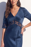 Black Bodycon V-Neck Satin Half Sleeves Midi Work Dress with Lace