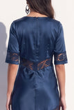 Black Bodycon V-Neck Satin Half Sleeves Midi Work Dress with Lace