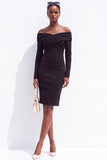 Black Satin Bodycon Off the Shoulder Ruched Midi Work Dress with Sleeves