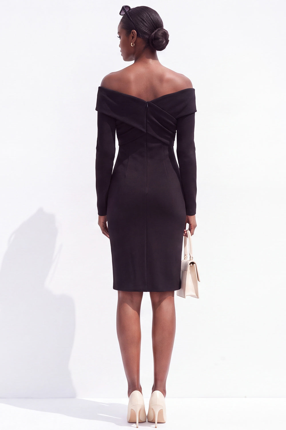 Black Satin Bodycon Off the Shoulder Ruched Midi Work Dress with Sleeves