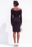 Black Satin Bodycon Off the Shoulder Ruched Midi Work Dress with Sleeves