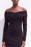 Black Satin Bodycon Off the Shoulder Ruched Midi Work Dress with Sleeves