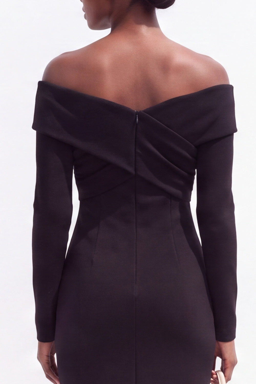 Black Satin Bodycon Off the Shoulder Ruched Midi Work Dress with Sleeves