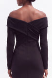 Black Satin Bodycon Off the Shoulder Ruched Midi Work Dress with Sleeves