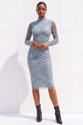 Sparkly Light Blue Bodycon High Neck Beaded Open Back Midi Work Dress