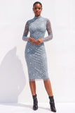 Sparkly Light Blue Bodycon High Neck Beaded Open Back Midi Work Dress