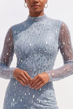 Sparkly Light Blue Bodycon High Neck Beaded Open Back Midi Work Dress
