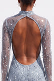 Sparkly Light Blue Bodycon High Neck Beaded Open Back Midi Work Dress