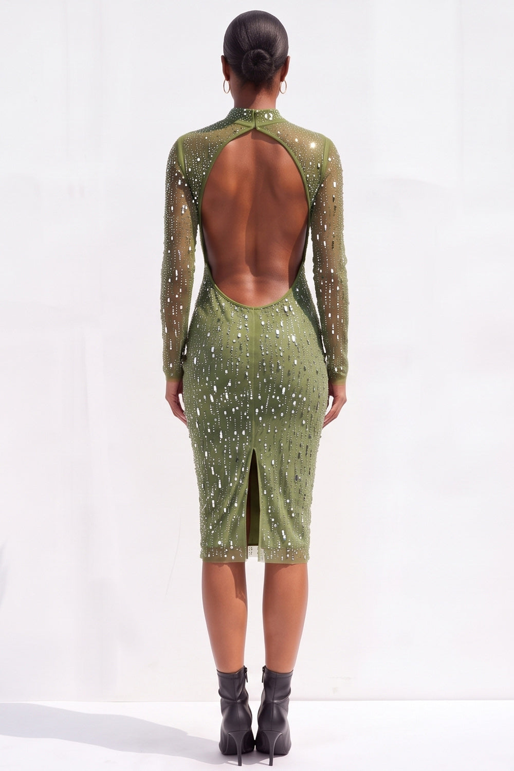 Sparkly Light Blue Bodycon High Neck Beaded Open Back Midi Work Dress