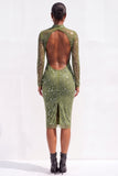Sparkly Light Blue Bodycon High Neck Beaded Open Back Midi Work Dress