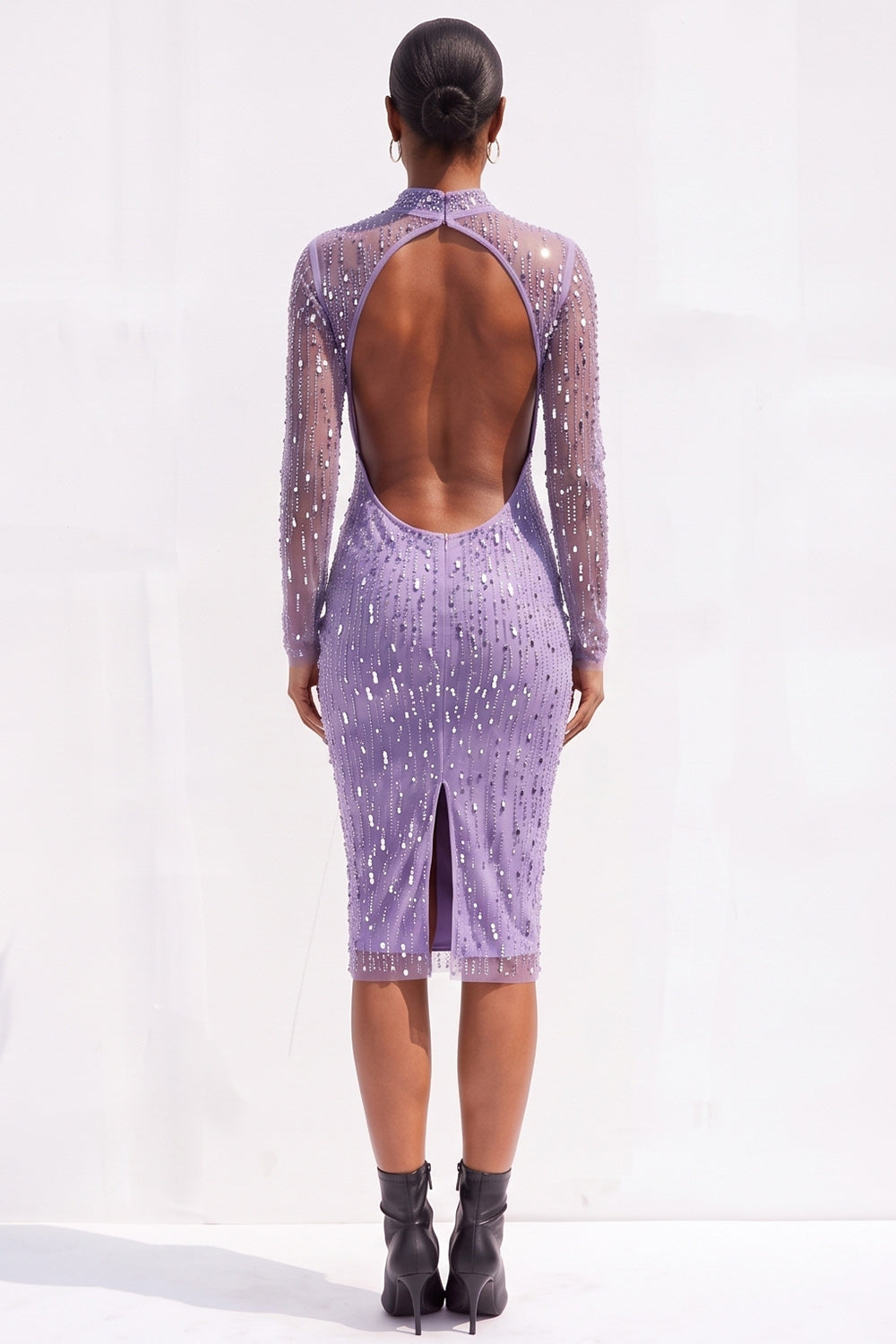 Sparkly Light Blue Bodycon High Neck Beaded Open Back Midi Work Dress