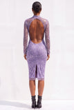 Sparkly Light Blue Bodycon High Neck Beaded Open Back Midi Work Dress