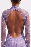 Sparkly Light Blue Bodycon High Neck Beaded Open Back Midi Work Dress