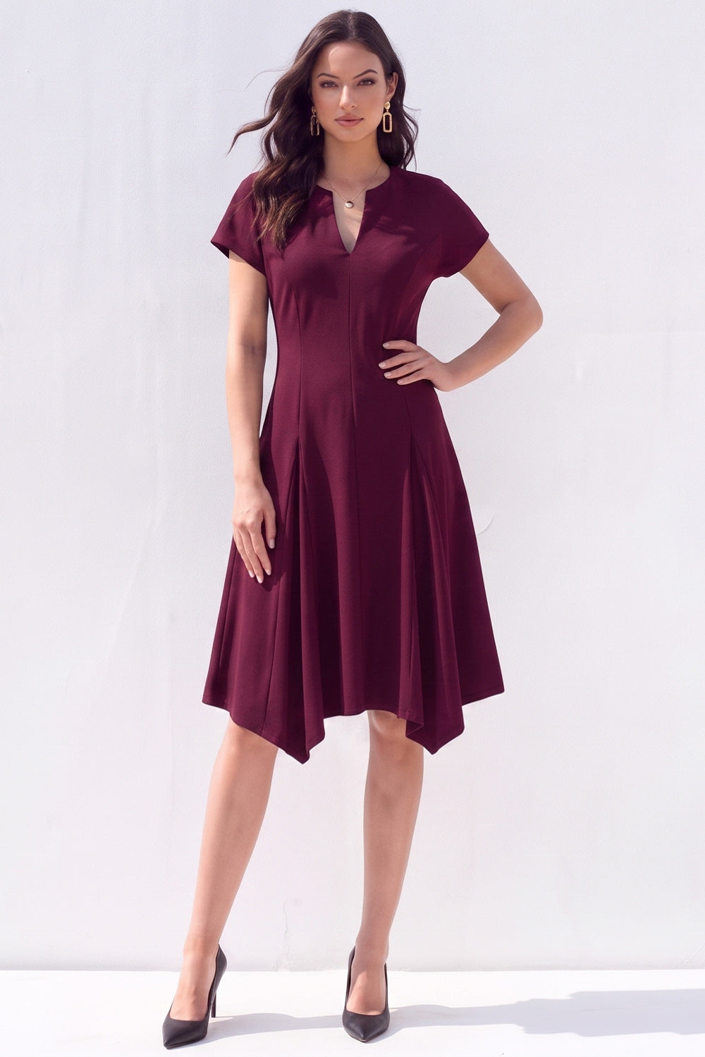 Burgundy A-Line V-Neck Midi Work Dress with Sleeves