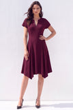 Burgundy A-Line V-Neck Midi Work Dress with Sleeves
