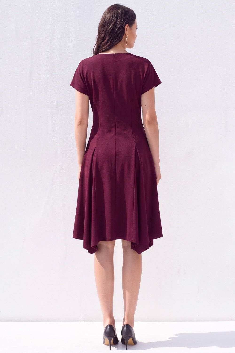Burgundy A-Line V-Neck Midi Work Dress with Sleeves