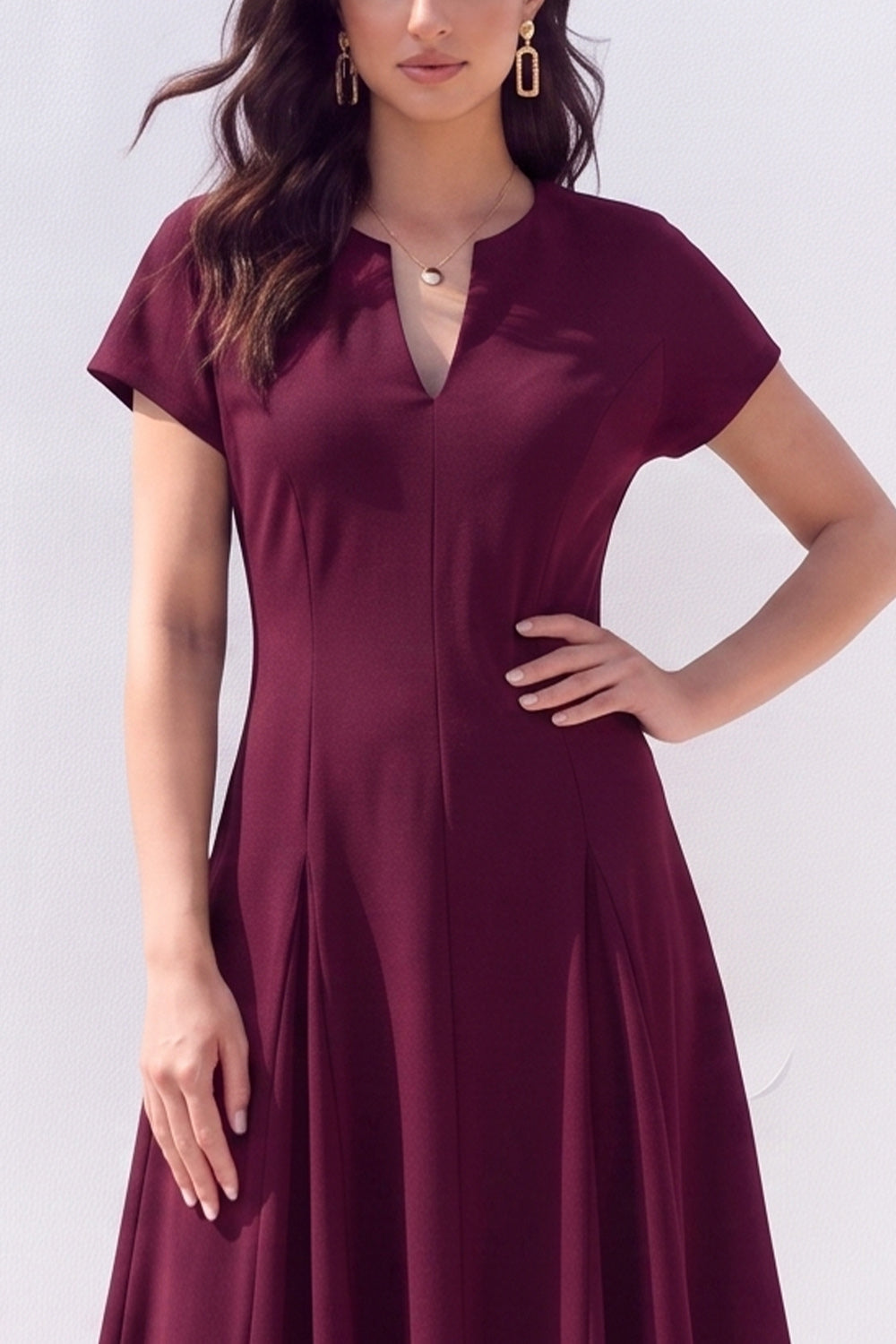 Burgundy A-Line V-Neck Midi Work Dress with Sleeves