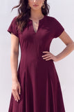 Burgundy A-Line V-Neck Midi Work Dress with Sleeves