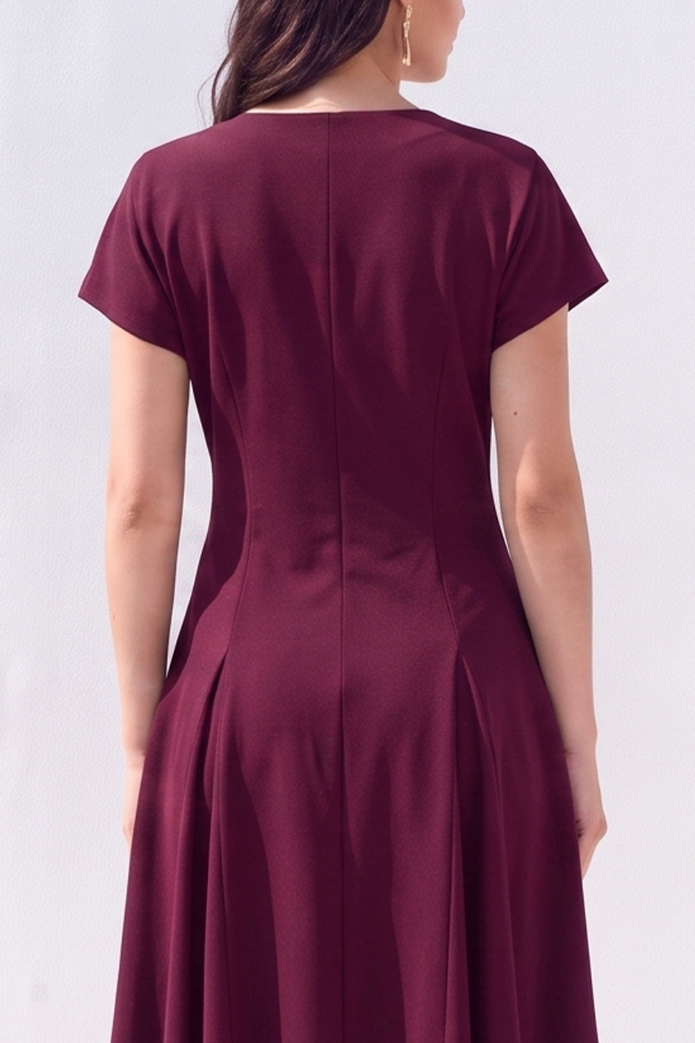 Burgundy A-Line V-Neck Midi Work Dress with Sleeves