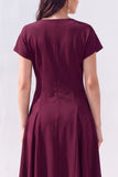 Burgundy A-Line V-Neck Midi Work Dress with Sleeves