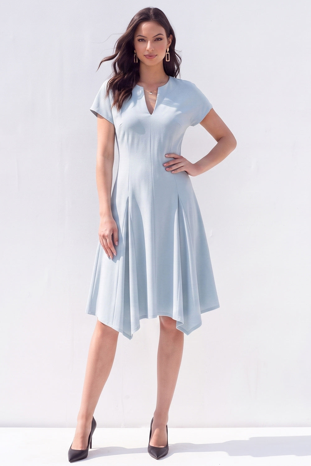 Burgundy A-Line V-Neck Midi Work Dress with Sleeves
