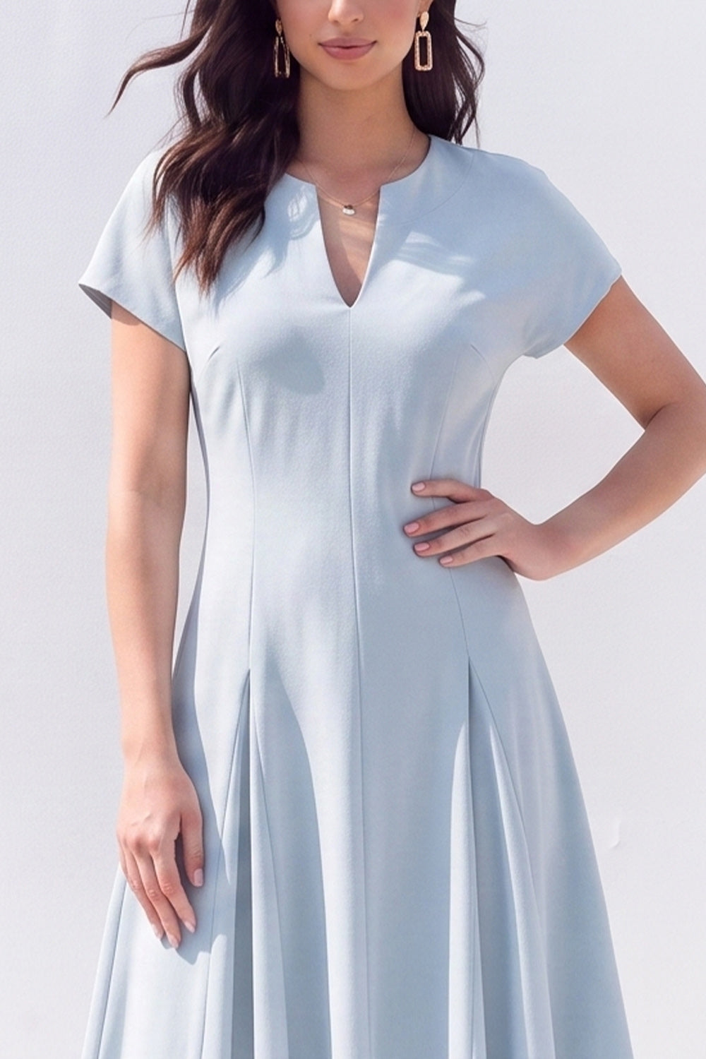 Burgundy A-Line V-Neck Midi Work Dress with Sleeves