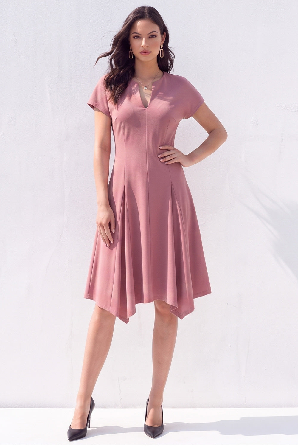 Burgundy A-Line V-Neck Midi Work Dress with Sleeves