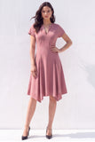 Burgundy A-Line V-Neck Midi Work Dress with Sleeves