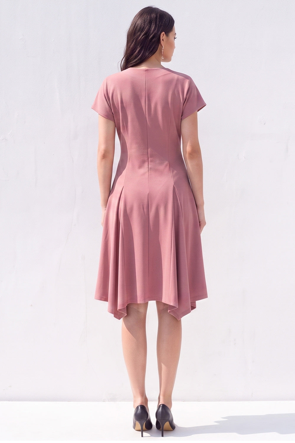 Burgundy A-Line V-Neck Midi Work Dress with Sleeves