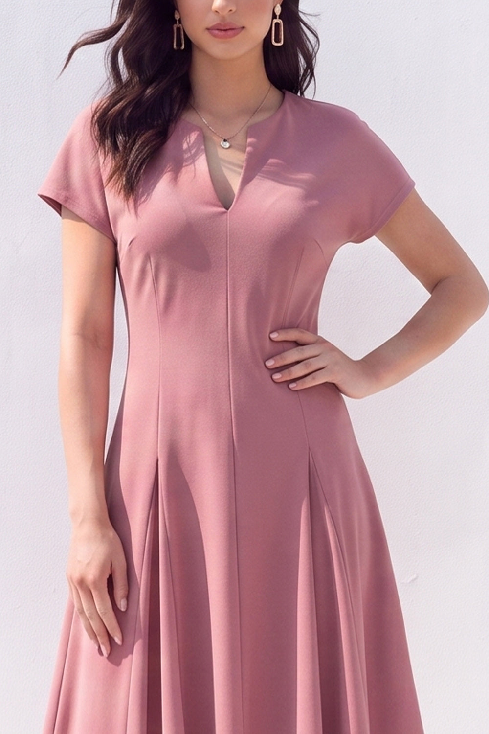 Burgundy A-Line V-Neck Midi Work Dress with Sleeves