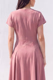 Burgundy A-Line V-Neck Midi Work Dress with Sleeves