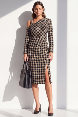 Black Plaid Asymmetrical Neck Bodycon Midi Work Dress with Slit
