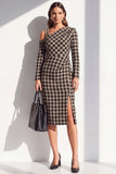 Black Plaid Asymmetrical Neck Bodycon Midi Work Dress with Slit