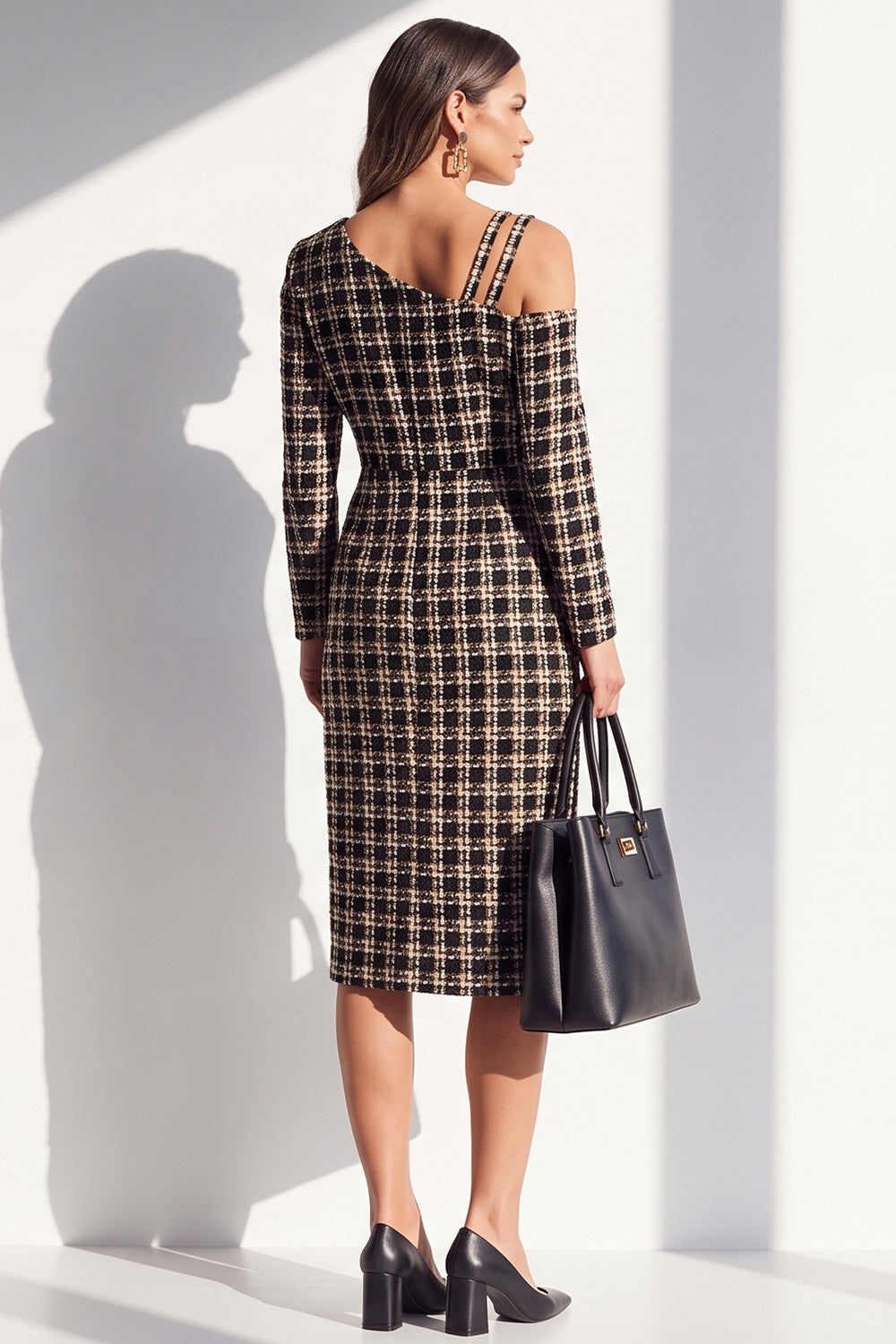 Black Plaid Asymmetrical Neck Bodycon Midi Work Dress with Slit